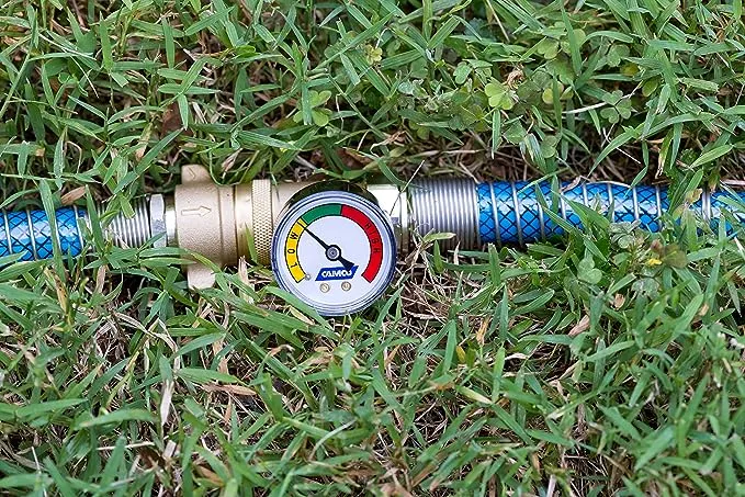 Camco Brass Water Pressure Regulator with Gauge- Helps Protect RV Plumbing and Hoses from High-Pressure City Water - Easy Read Gauge (40064)