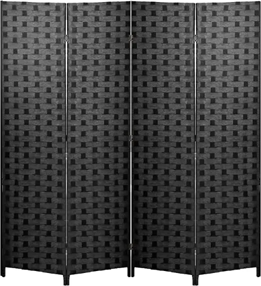 Room Divider Wood Screen 6 Panel Folding Portable Partition Screen Wood Mesh Woven Design Room Screen Divider Screen Wood for Home Office (Black)