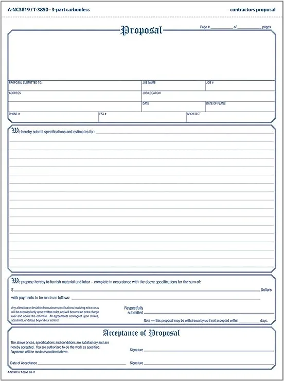 Adams 3-Part Carbonless Contractor Proposal Forms, 8.5" x 11.44", 50 Sets/Book (NC3819)