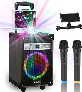 Ankuka Karaoke Machine, Portable Bluetooth Speaker with Disco Lights,Subwoofer PA System with 2 Wireless Microphones for Christmas,Birthday Party