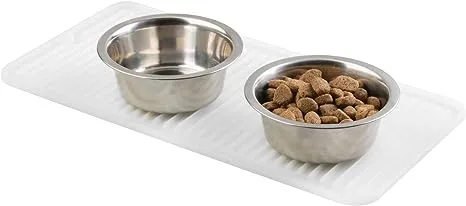 mDesign Premium Quality Square Pet Food and Water Bowl Feeding Mat for Dogs and Cats, Waterproof Non-Slip Durable Silicone Placemat - Food Safe - Small, Linelle Collection - Clear