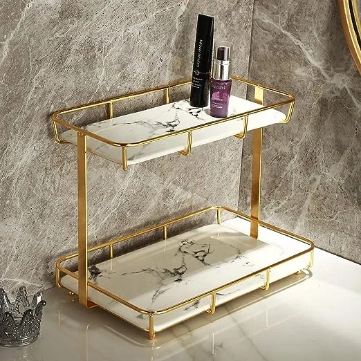 Dobbyby Bathroom Organizer Countertop Makeup Organizer Cosmetics Storage Display Rack 2 Tire Vanity Trays in Dresser Kitchen Stainless Steel Gold Shelf White Marble Pattern Ceramic Tray M