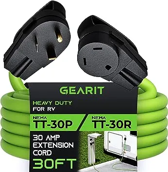 GearIT 30-Amp Extension Cord for RV and Auto, (30-Feet) 3-Prong 125-Volt 10/3 STW 10AWG Gauge 3 Wire, NEMA TT-30P to TT-30R, Outdoor Camper Power Cord