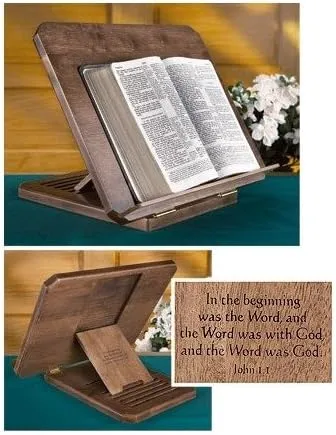 Wooden Bible Stand with Silk Screened John 1:1 Scripture Verse, 16 Inch