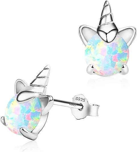 Unicorn Earrings for Girls Hypoallergenic Fire Opal Stud Earrings ARSKRO S925 Sterling Silver with Gold Mini Tiny Cute Earring Jewelry Gifts