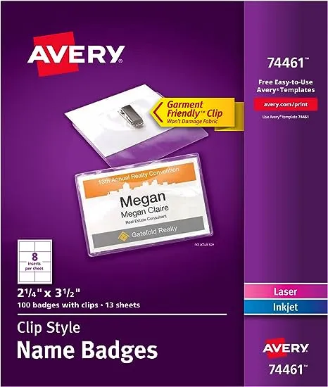 Avery Clip Style Laser/Inkjet Name Badge Kit, 2 1/4" x 3 1/2", Clear Holders with White Inserts, 100/Box (74461)