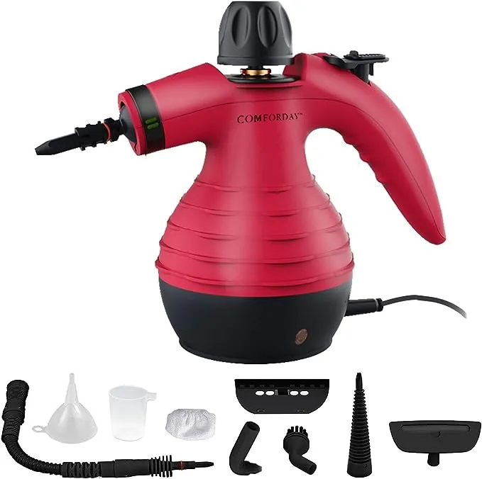 Handheld Steam Cleaner by Comforday - Multi-Purpose Pressurized Steam Cleaner with Safety Lock for Stain Removal, Carpet and Upholstery Cleaning - 9-Piece Accessory Kit Included (Upgrade) (red)