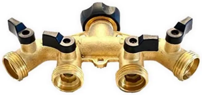 Underhill Hose Outlet Splitter Adapter for Garden Water Hose, 3/4-Inch Hose Thread, Brass 4-Way Heavy-Duty with Shut Off Valve Control, A-HB4