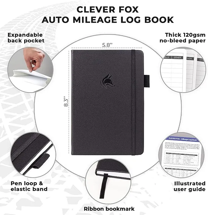 Clever Fox Auto Mileage Log Book – Vehicle Logbook with Mileage, Expense, Gas Consumption & Lubrication Trackers – Driving Logger for Car Records – A5 Size, 1,674 Mileage Entries (Black)