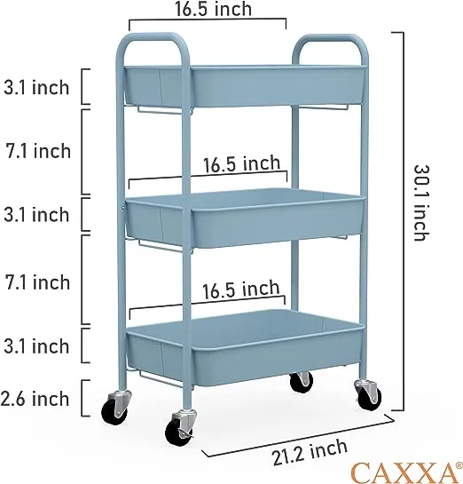 CAXXA 3-Tier Rolling Metal Storage Organizer - Mobile Utility Cart, Kitchen Cart with Caster Wheels (Black)