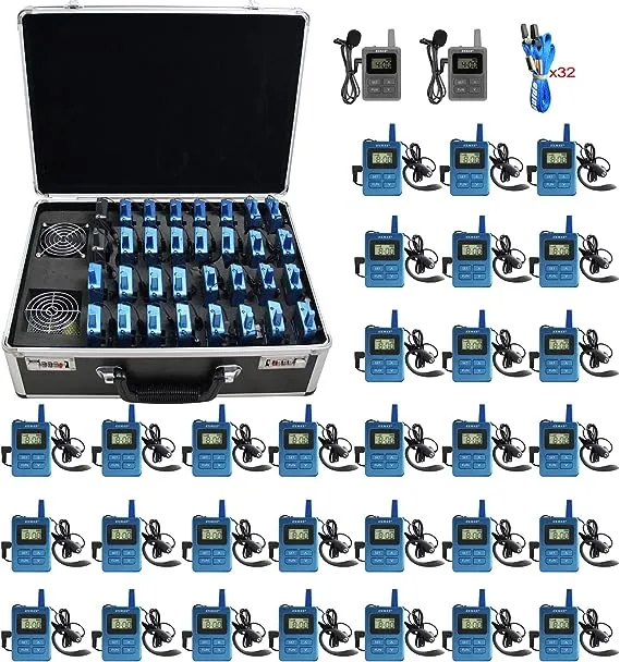 EXMAX ELGT-470 Wireless Tour Guide/Monitoring Audio System 100 Channels Groups for Tourism,Conference,Training,Church,Outdoor Scenic Spots(2 Transmitters & 30 Receivers with 32-slot Charging Case)