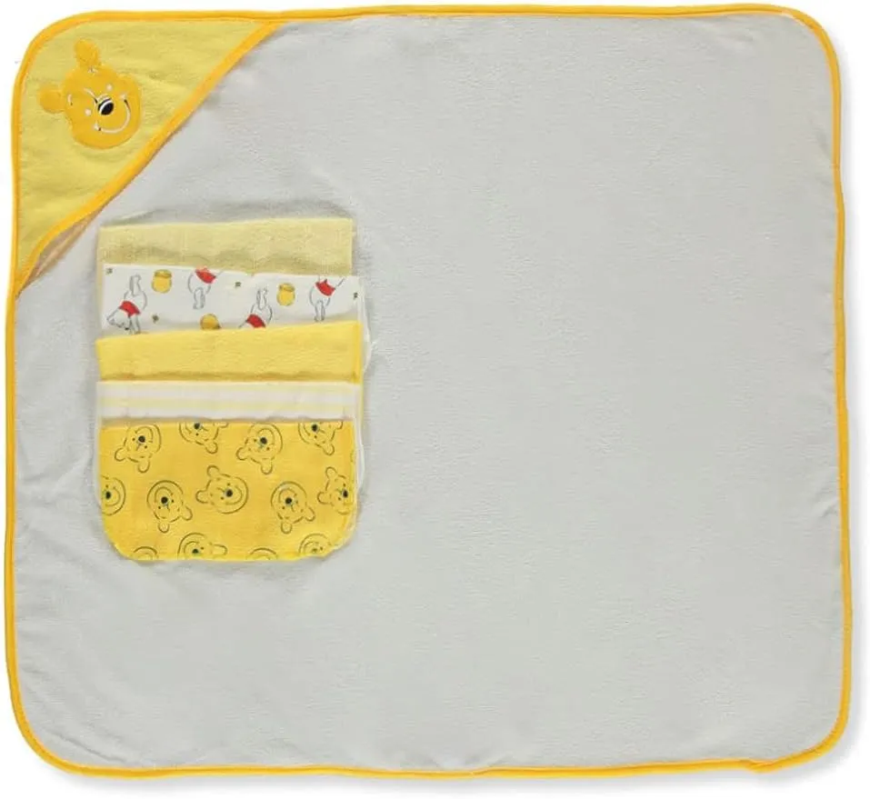 Disney Baby Winnie The Pooh Hooded Towel with 5 Piece Washcloth Set, Size: One size, Yellow