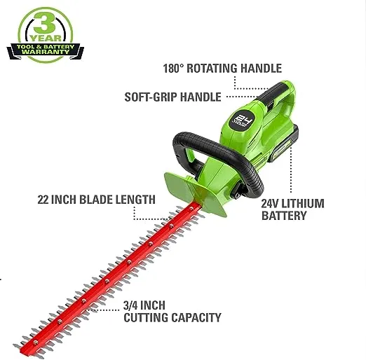 Greenworks 24V 22" Hedge Trimmer with 1.5Ah Battery and Charger