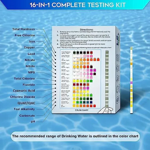 16 in 1 Drinking Water Test Kit |High Sensitivity Test Strips detect pH, Hardness, Chlorine, Lead, Iron, Copper, Nitrate, Nitrite | Home Water Purity Test Strips for Aquarium, Pool, Well & Tap Water