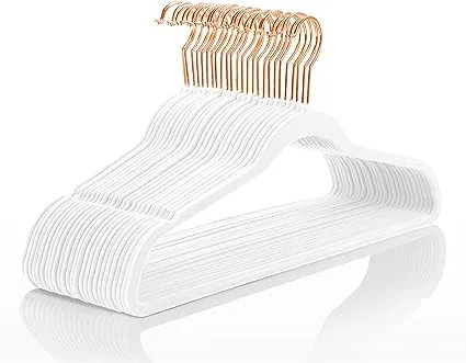 MIZGI Premium Velvet Hangers (50 Pack) Heavy Duty - Non Slip Felt Hangers - White - Rose Gold Swivel Hooks,Space Saving Clothes