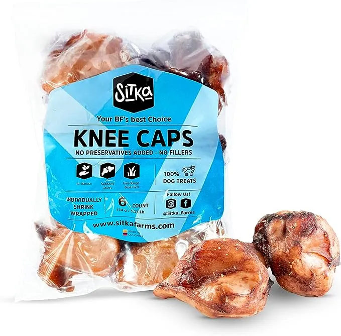 SITKA Farms Premium Beef Knee Caps Smoked Dog Bones 6 Count - Long Lasting Low Fat - High Protein Dog Treats - Natural and Meaty Dog Treats for Aggressive Chewers - Healthy and Safe Chews