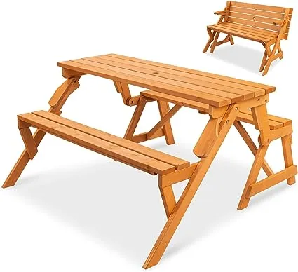 Best Choice Products 2-in-1 Outdoor Interchangeable Wooden Picnic Table/Garden Bench for w/ Umbrella Hole - Natural