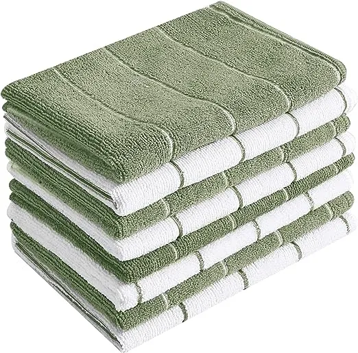 Microfiber Kitchen Towels - Super Absorbent, Soft and Solid Color Dish Towels, 8 Pack (Stripe Designed Dark Green and White Colors), 26 x 18 Inch