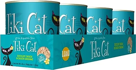 Tiki Cat Luau Shredded Meat, Succulent Chicken Recipe in Chicken Consumme, Grain-Free Balanced Nutrition Wet Canned Cat Food, for All Life Stages, 10 oz. Cans (Case of 4)