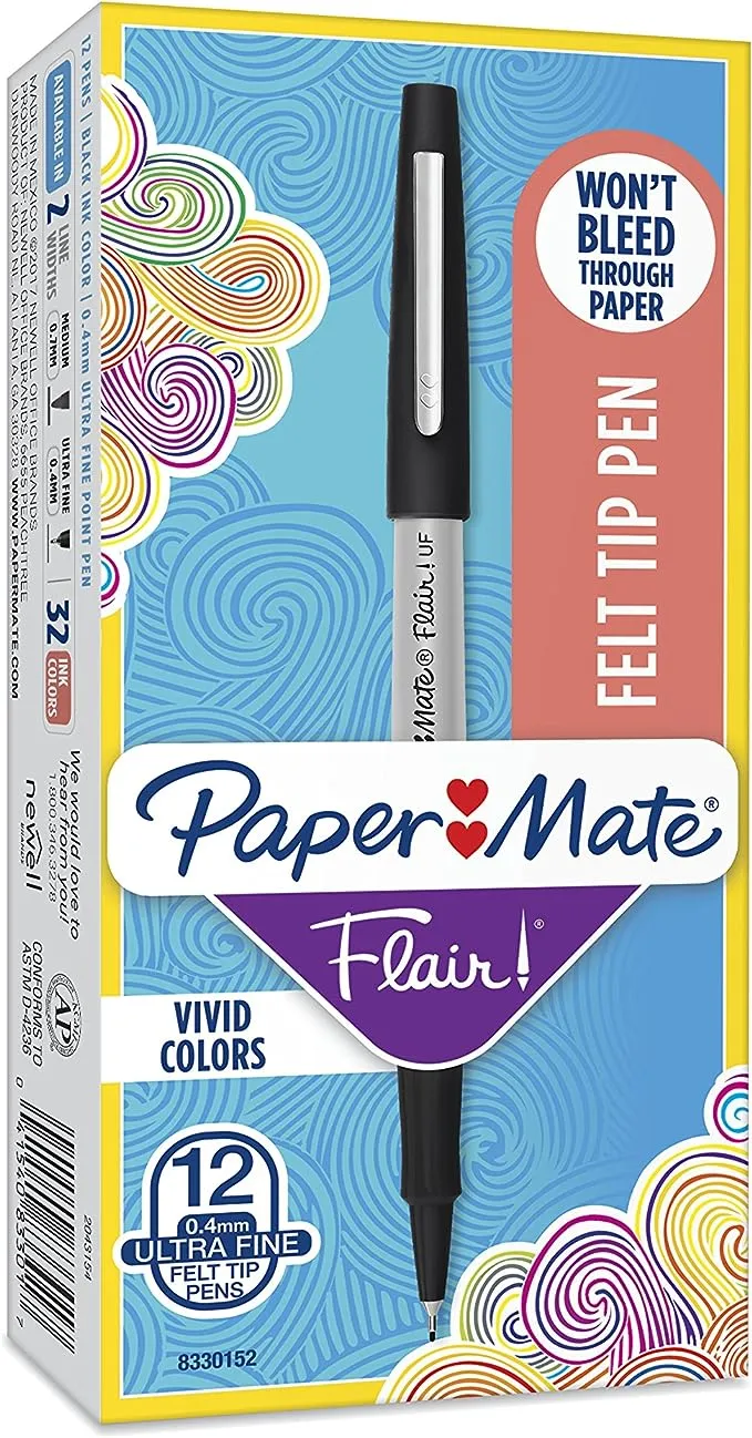 Paper-Mate Paper Mate Flair Felt Tip Pens, Ultra Fine Point (0.4mm), Black, 12 Count, New