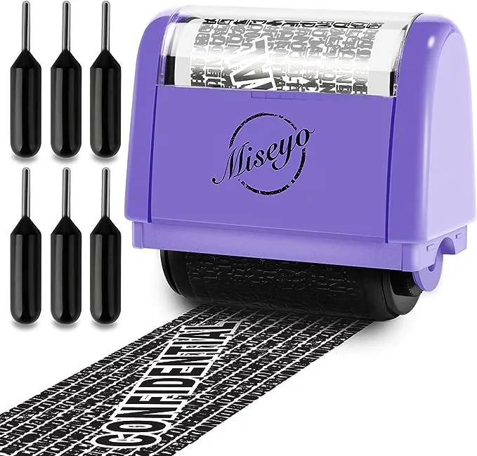 Miseyo Identity Theft Protection Roller Stamp Set - White (6 Refill Ink Incleded)