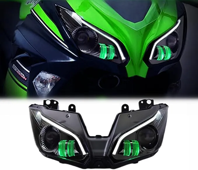 KT LED Headlight Assembly for Ninja 300/Ninja 250 2013-2017, Headlight with High/Low Beam, DRL, and Turn Signal (Green)