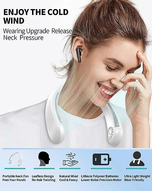 ABSKRYO Portable Neck Fan, Bladeless Cooling Fan, 8H Working Time, Headphone Design Personal Fan, Adjustable Neck Fan with 3 Speeds, for Travel Desk Bedroom