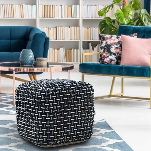 LR Home Modern Interwoven Geometric Pouf - Black/Gold/White