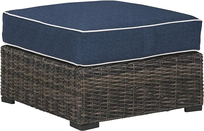 Signature Design by Ashley Grasson Lane Outdoor Patio Upholstered Ottoman with Wicker Base, Blue