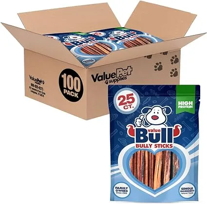 ValueBull Bully Sticks for Dogs, Medium 6 Inch, 100 Count - All Natural Dog Treats, 100% Beef Pizzles, Single Ingredient Rawhide Alternative