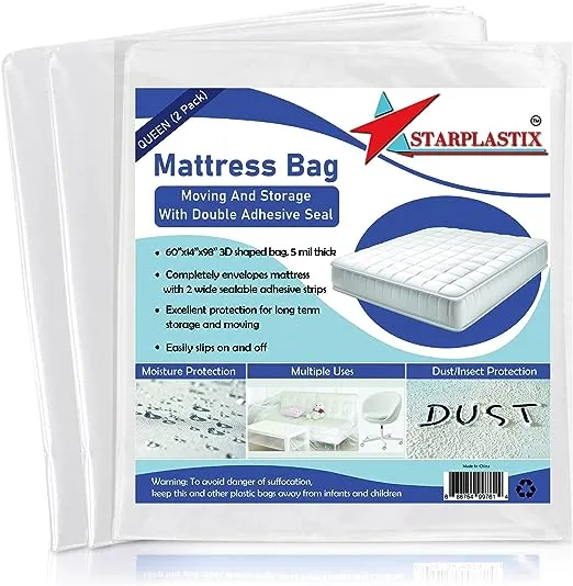 Mattress Bags for Moving Queen Size - Heavy Duty Mattress Storage Bag [2-Pack] 5 Mil Thick Plastic Waterproof Mattress Covers for Moving and Storage with Adhesive Strips for Mattresses