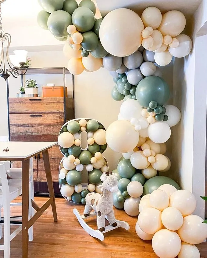 146 Pieces Sage Green Gold Ivory White Balloon Garland Arch Kit, Sage Olive Green Ivory White Gold Balloons Decor Jungle Safari Tropical Baby Shower Birthday Theme Party Decorations Supplies for Boys