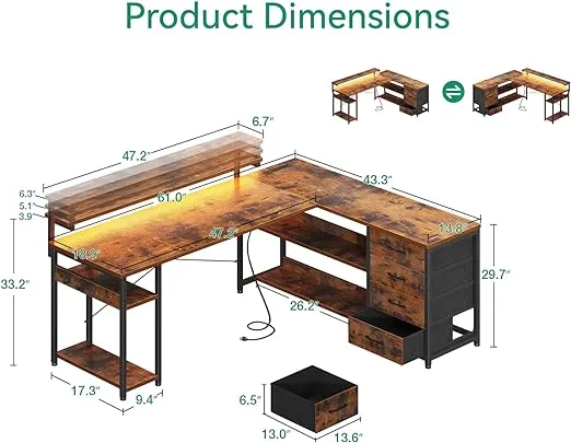 AODK 61" L Shaped Desk with Drawer, Power Outlets, LED Lights, Reversible Corner,