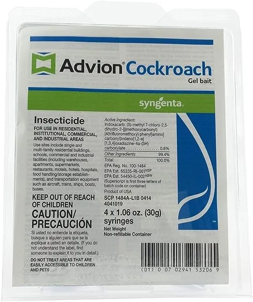 Advion Cockroach Gel Bait 4 Tubes x 30Grams 1 Plunger and 2 Tips German Roach Insect Pest Control Indoor and Outdoor Use R