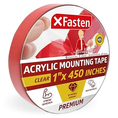 XFasten Double Sided Acrylic Mounting Tape Removable, Clear, 1-Inch x 450-Inch (25.4mm x 11.43m), Weatherproof Adhesive for Brick, Walls- Indoor and Outdoor Applications