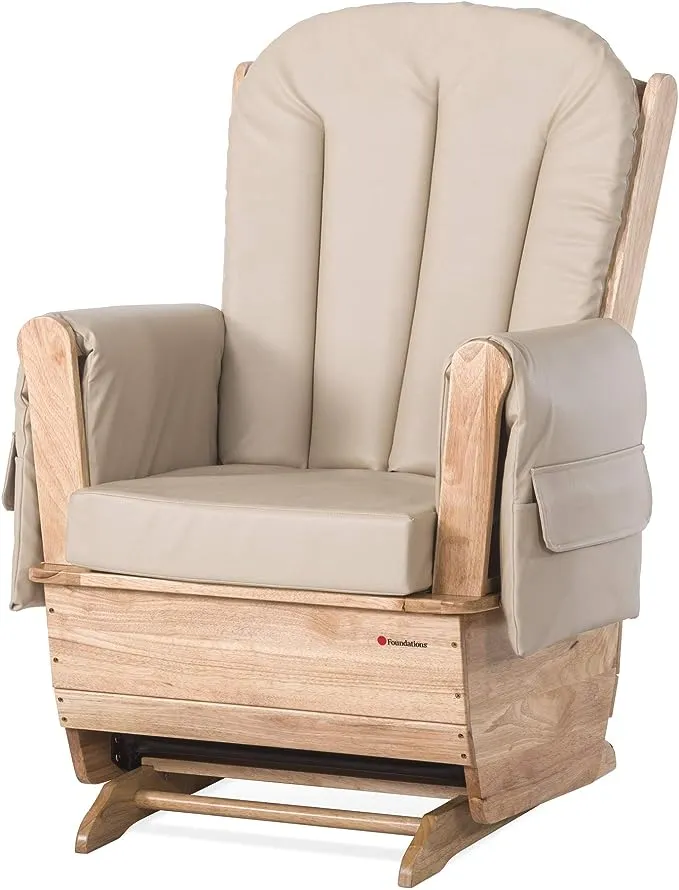 Foundations SafeRocker Glider Rocker Chair for Nursery or Daycare, Solid Wood Base Frame, Durable Vinyl, Side Storage Pockets, Easy to Clean, Extra-Wide Seat (Tan)