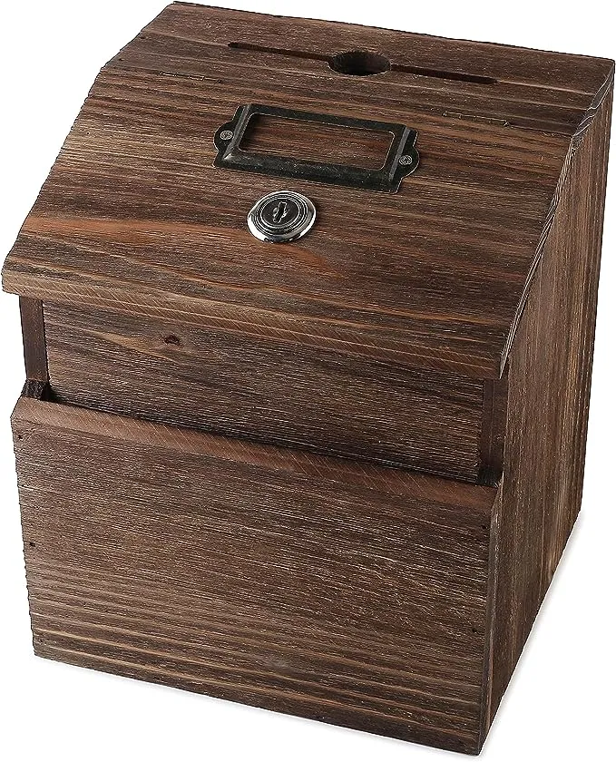 Finished Natural Wood Charity Donation & Suggestion Box Office Ballot Box with Pocket Comes with Locking Hinged Lid for Table or Counter-Top Use