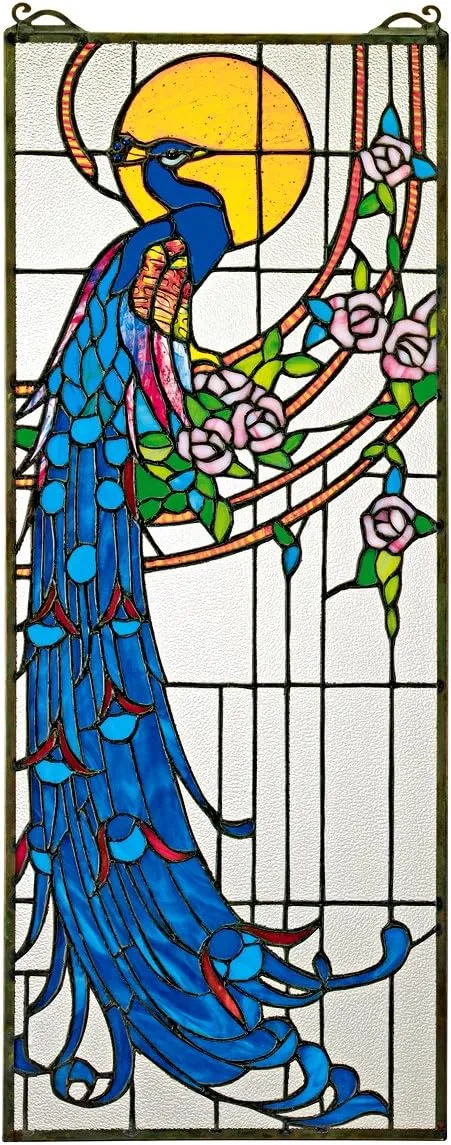 Design Toscano Stained Glass Panel -Peacock's Sunset Stained Glass Window Hangings - Window Treatments, 10.00" x 0.50"