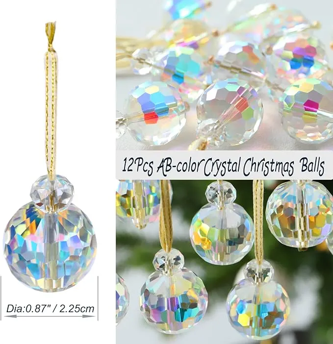 12 Pcs Crystal Glass Christmas Balls Ornaments, 0.87" Mini AB Color Prism Ball Christmas Tree Decorations, Hanging Crystal Ornament Clearance for Xmas Wedding Party Home Decor(AB)