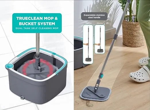 True & Tidy, True Clean Spin Mop and Bucket System, Includes Spin Mop, Dual Compartment Mop Bucket and 2 Thick Washable Microfiber Mop Pads, SPIN-800A, Gray