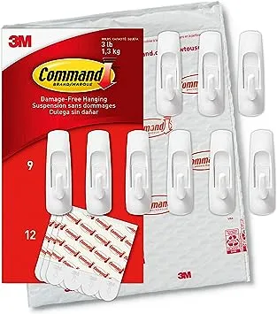 Command Medium Utility Hooks, Damage Free Hanging Wall Hooks with Adhesive Strips, No Tools Wall Hooks for Hanging Back to School Dorm Organizers, 9 White Hooks and 12 Command Strips