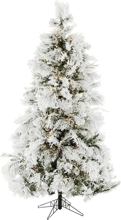 Fraser Hill Farm 6.5 ft. Flocked Snowy Pine Christmas Tree with Clear LED String Lighting