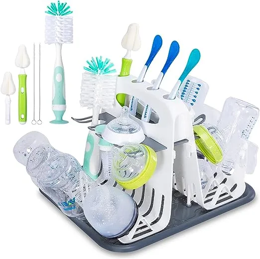 High Capacity Drying Rack with 5pcs Brushes, Deluxe Countertop Drying Rack, Universal Drying Station, Baby Bottle Drying Rack with Bottle Brushes, Cup and Bottle Drying Rack, White