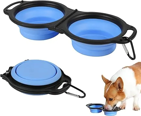 Collapsible Dog Bowls, Portable Travel Pet Feeder Bowl, 2 in 1 Expandable Silico