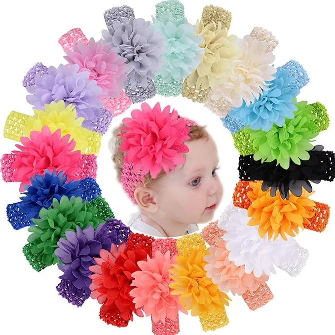 WillingTee 20pcs Baby Girls Headbands Chiffon Flower Soft Stretchy Hair Band Hair Accessories for Baby Girls Newborns Infants Toddlers and Kids Multi-Colored