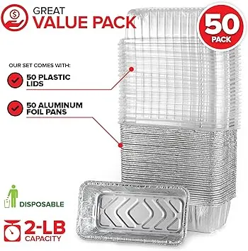 Stock Your Home Disposable Aluminum Loaf Pans with Lids, 2 Lb (50 Pack) Foil Baking Tins with Plastic Lid, Tin Pan with Cover for Cake, Banana Bread, Meatloaf, Mini Lasagna, Drip Trays