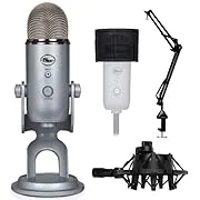 Blue Microphones Yeti Mic (Silver) with Boom Arm, Shock Mount and Pop Filter