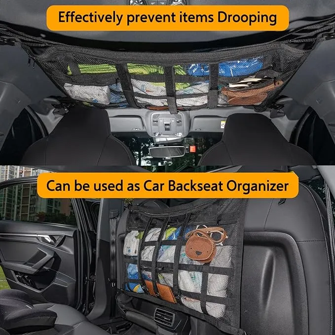 Bespeur Car Ceiling Cargo Net with 3 Pockets,31.5"x21.6" Reduce Sagging Car Storage Mesh Organizer,double Layer Roof Mesh Camping Overlanding Gear