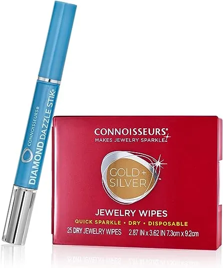 Connoisseurs Diamond Dazzle Stik and Jewelry Wipes Travel Jewelry Sparkle Set -1 Diamond Dazzle Stik for Diamonds and Precious Jewelry, 25 Count