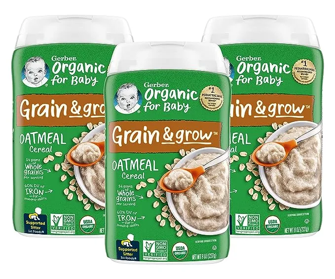 Gerber Organic for Baby 1st Foods Grain & Grow Cereal, Oatmeal Cereal, Made with Whole Grains & Iron, USDA Organic & Non-GMO (8 Ounce (Pack of 3))Gerber Organic for Baby 1st Foods Grain & Grow Cereal, Oatmeal Cereal, Made with Whole Grains & Iron, USDA O